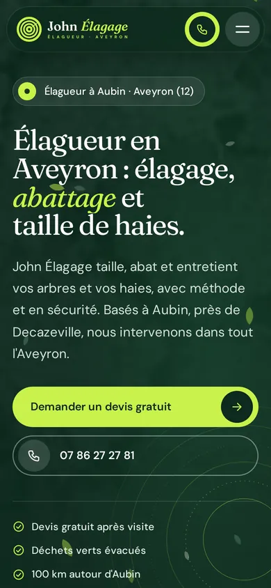 Le site John Élagage sur mobile